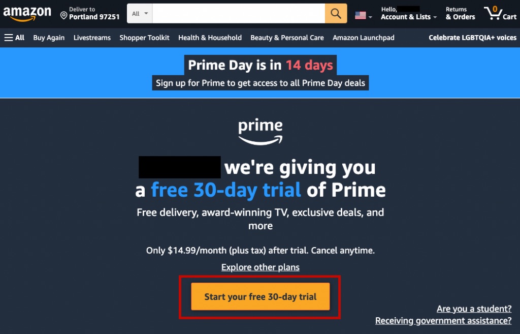 Amazon US - Free Prime Membership
