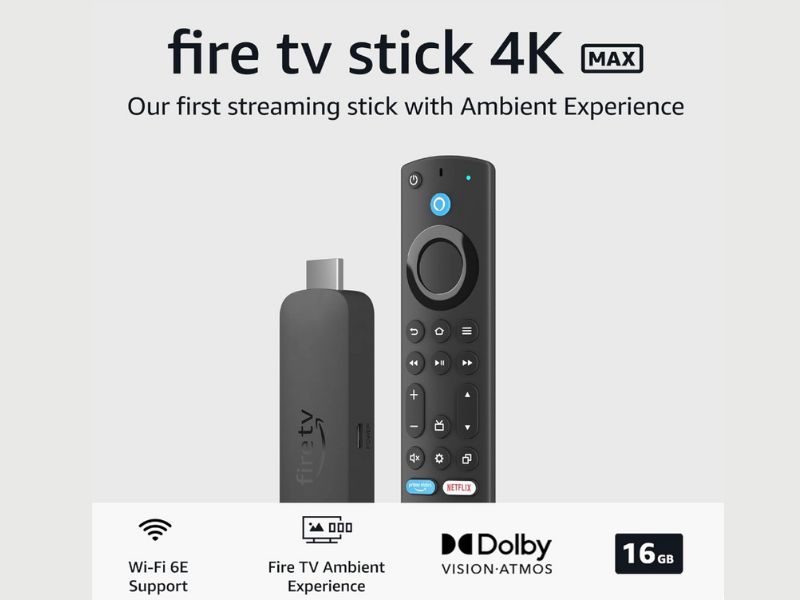 Amazon Fire TV Stick 4K Max, our most powerful 4K streaming stick with Wi-Fi 6E support, 16GB Storage