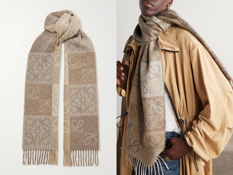 LOEWE Fringed intarsia wool and cashmere-blend scarf